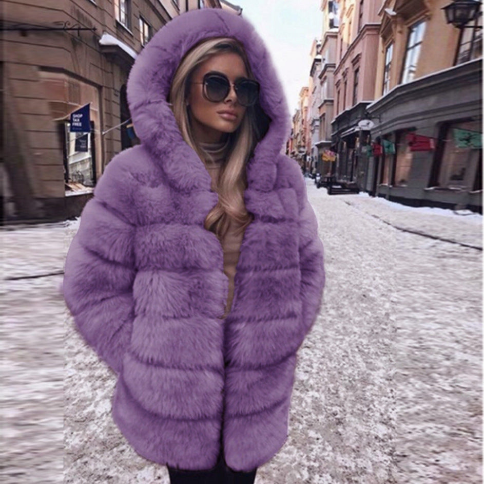 Fashion Artificial Fox Fur Long Overcoat with Hat-Coats & Jackets-Purple-S-Free Shipping Leatheretro