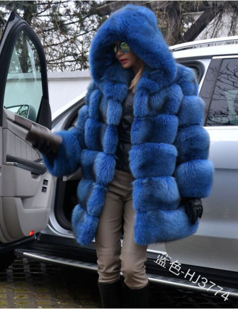 Fashion Artificial Fox Fur Long Overcoat with Hat-Coats & Jackets-Blue-S-Free Shipping Leatheretro