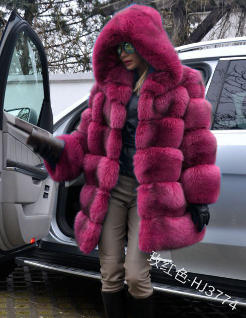 Fashion Artificial Fox Fur Long Overcoat with Hat-Coats & Jackets-Rose Red-S-Free Shipping Leatheretro