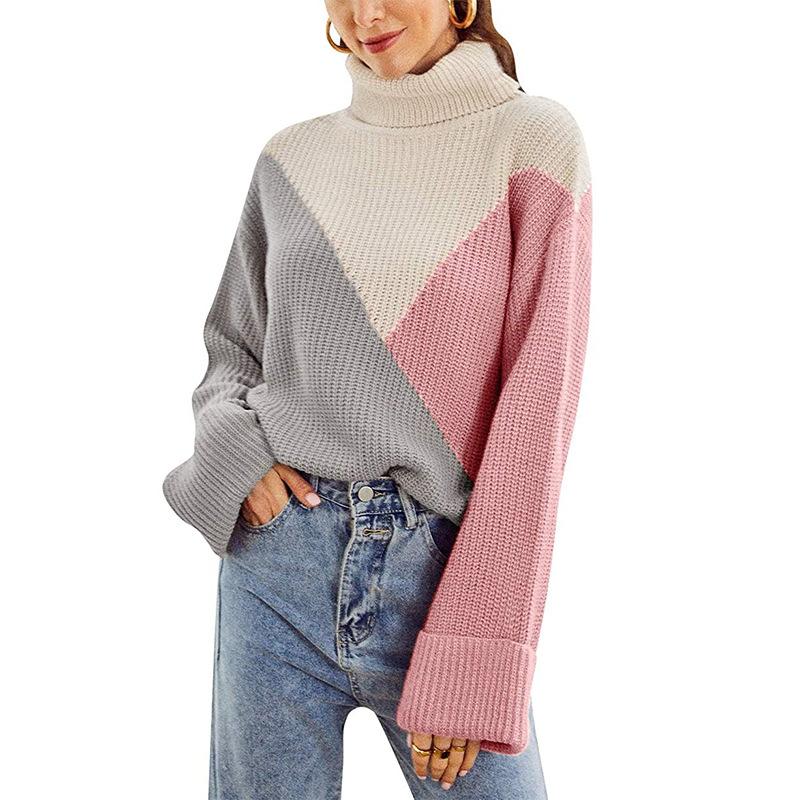Leisure High Neck Knitting Hoodies Sweaters for Women-Pink-S-Free Shipping Leatheretro