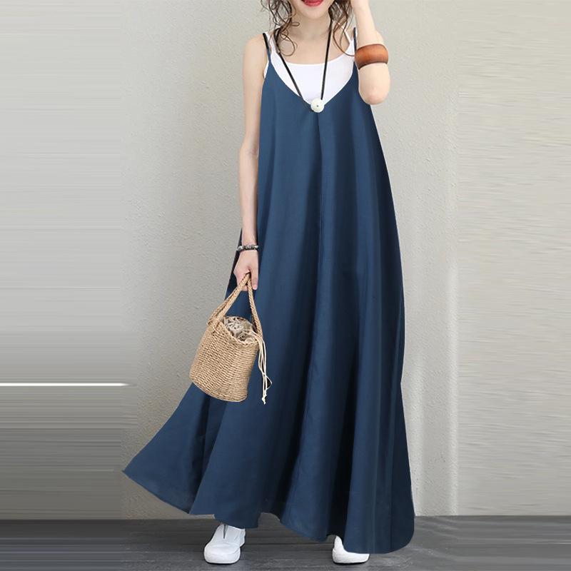 Plus Sizes Sexy Backless Loose Long Dresses-Maxi Dresses-Blue-M-Free Shipping Leatheretro