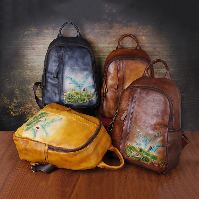 Vintage Floral Embossing Leather Backpack for Women C311-Leather Backpack for Women-Yellow-Free Shipping Leatheretro