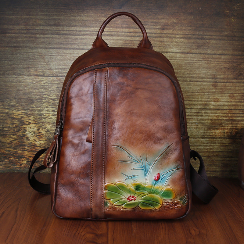 Vintage Floral Embossing Leather Backpack for Women C311-Leather Backpack for Women-Yellow-Free Shipping Leatheretro