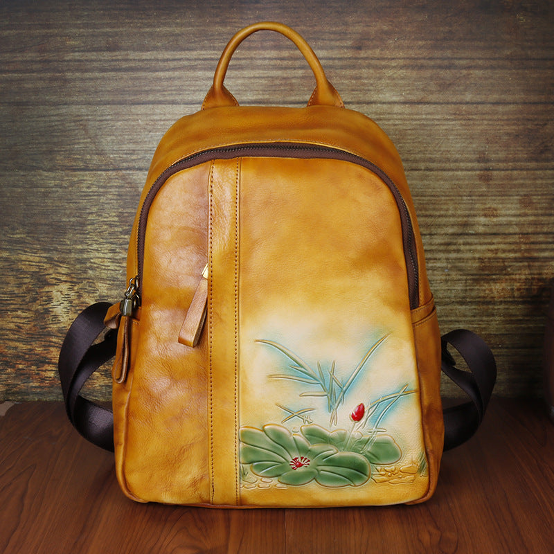 Vintage Floral Embossing Leather Backpack for Women C311-Leather Backpack for Women-Yellow-Free Shipping Leatheretro