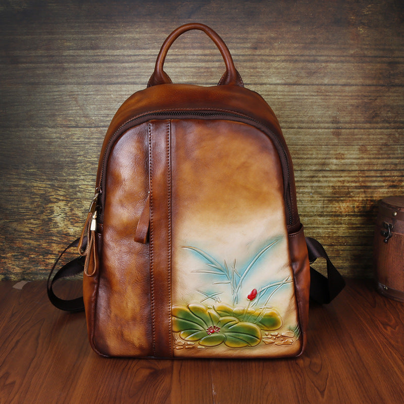 Vintage Floral Embossing Leather Backpack for Women C311-Leather Backpack for Women-Yellow-Free Shipping Leatheretro