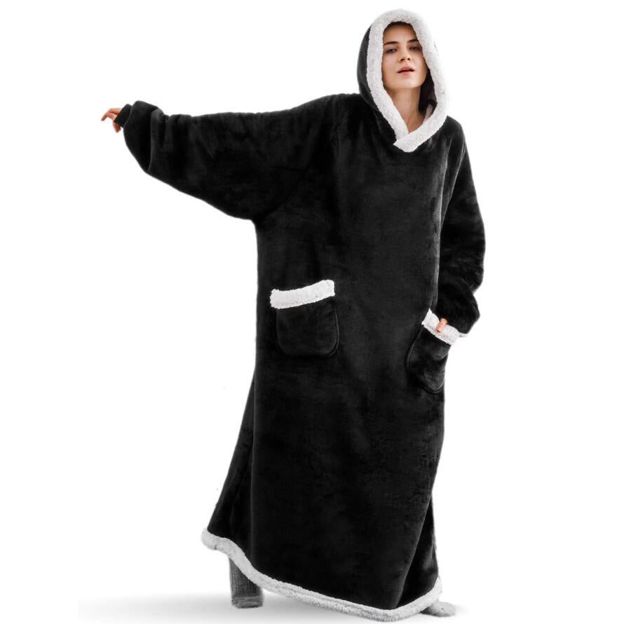 Winter Fleece Warm Long Hoodies Blanket-Sleepwear & Loungewear-Black-120cm-Free Shipping Leatheretro