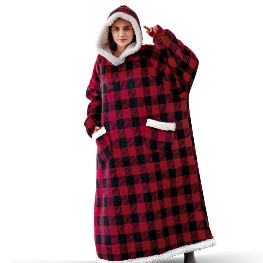 Winter Fleece Warm Long Hoodies Blanket-Sleepwear & Loungewear-Red Plaid-120cm-Free Shipping Leatheretro