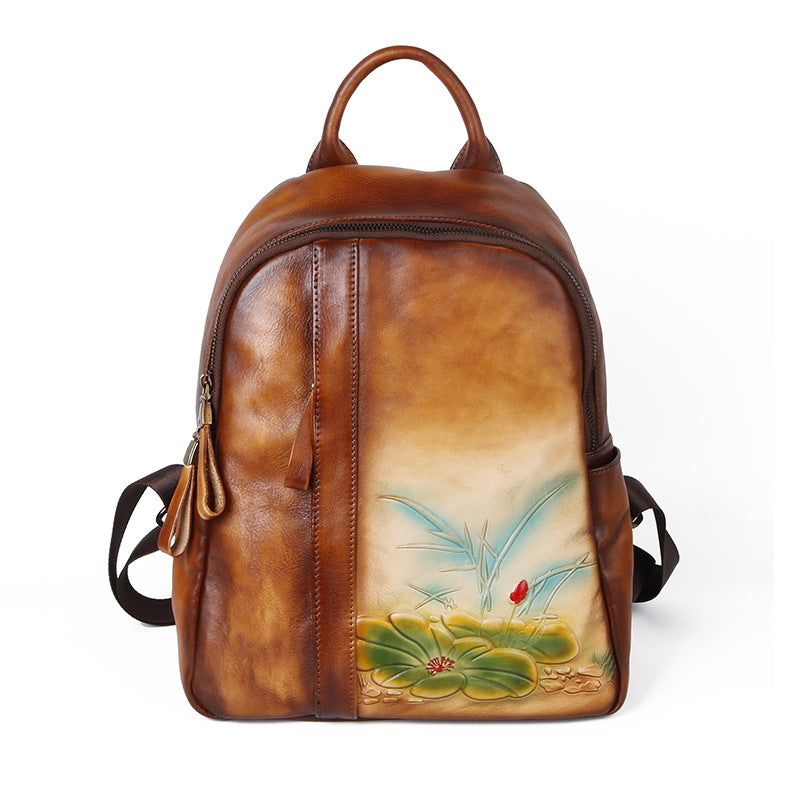 Vintage Floral Embossing Leather Backpack for Women C311-Leather Backpack for Women-Yellow-Free Shipping Leatheretro