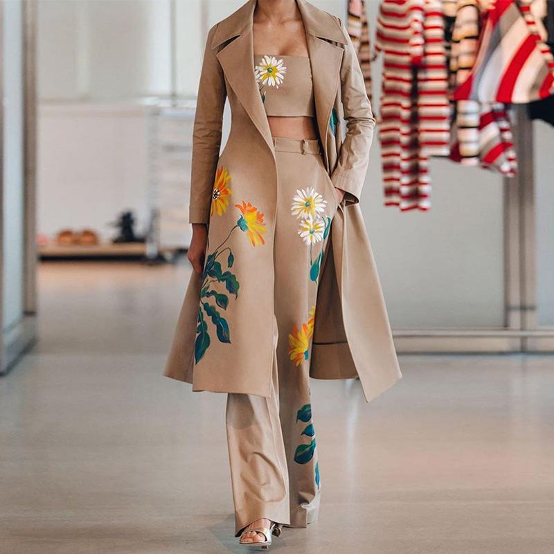Classy Daisy Print Trenchcoat and Pants Suits-Two Pieces Suits-Khaki-S-Free Shipping Leatheretro