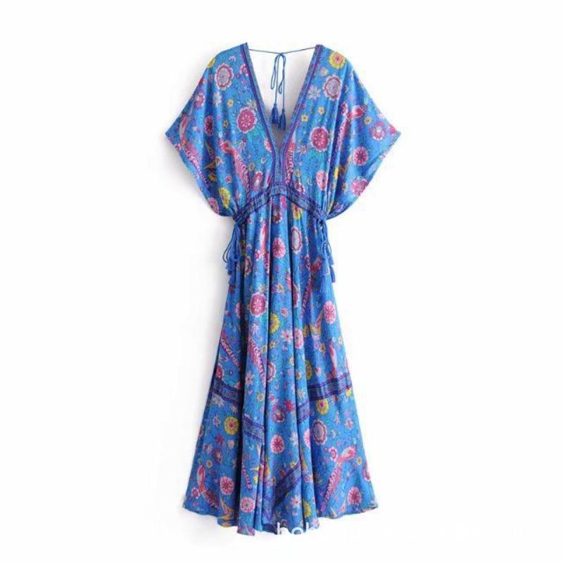 Peacock Print Bohemia Tassel Dresses-Boho Dresses-Blue-S-Free Shipping Leatheretro