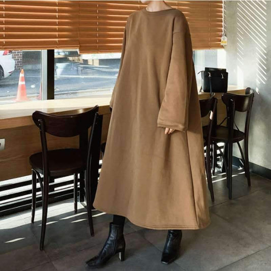 Casual Loose Pullover Long Hoodies Dresses-Cozy Dresses-Khaki-S-Free Shipping Leatheretro