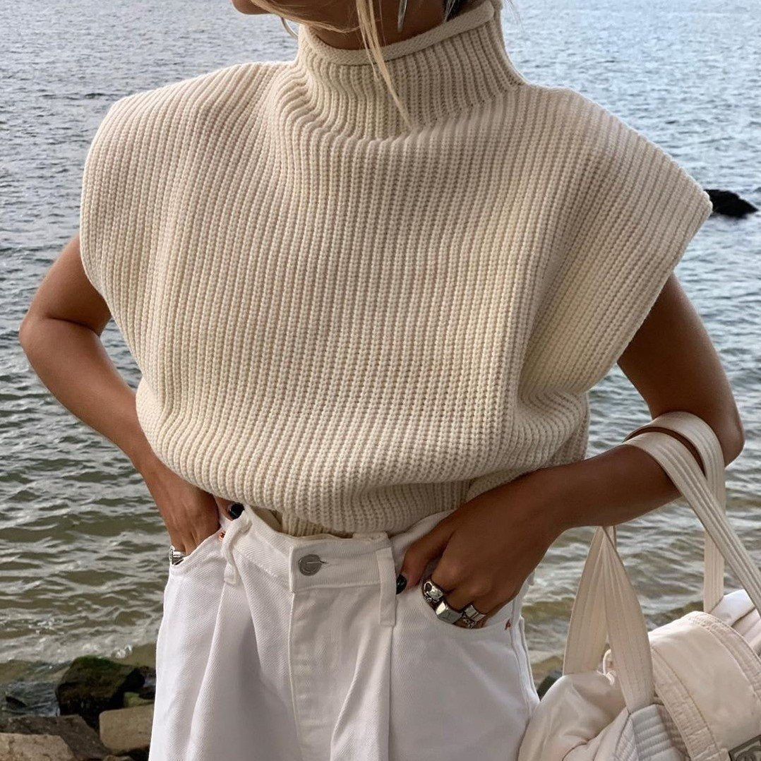 Women High Neck Sleeveless Knitting Top Sweaters-White-S-Free Shipping Leatheretro