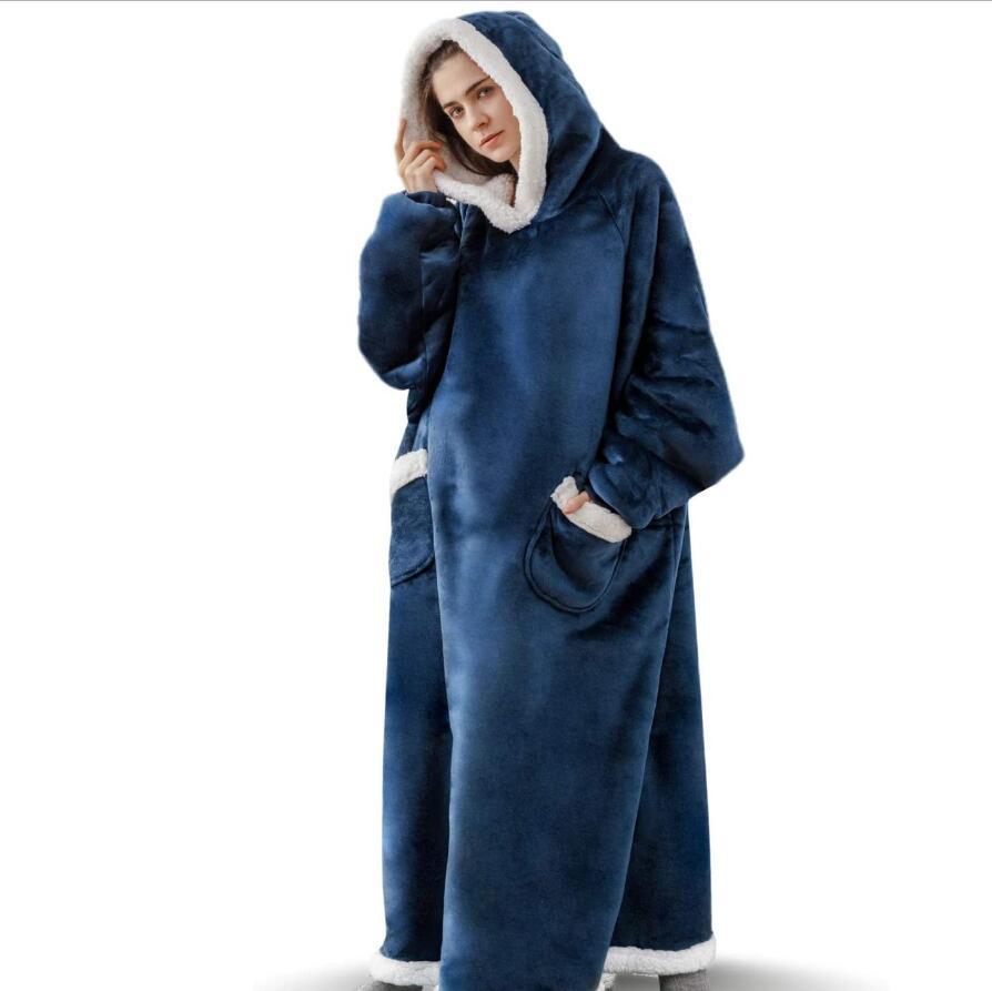 Winter Fleece Warm Long Hoodies Blanket-Sleepwear & Loungewear-Navy Blue-120cm-Free Shipping Leatheretro