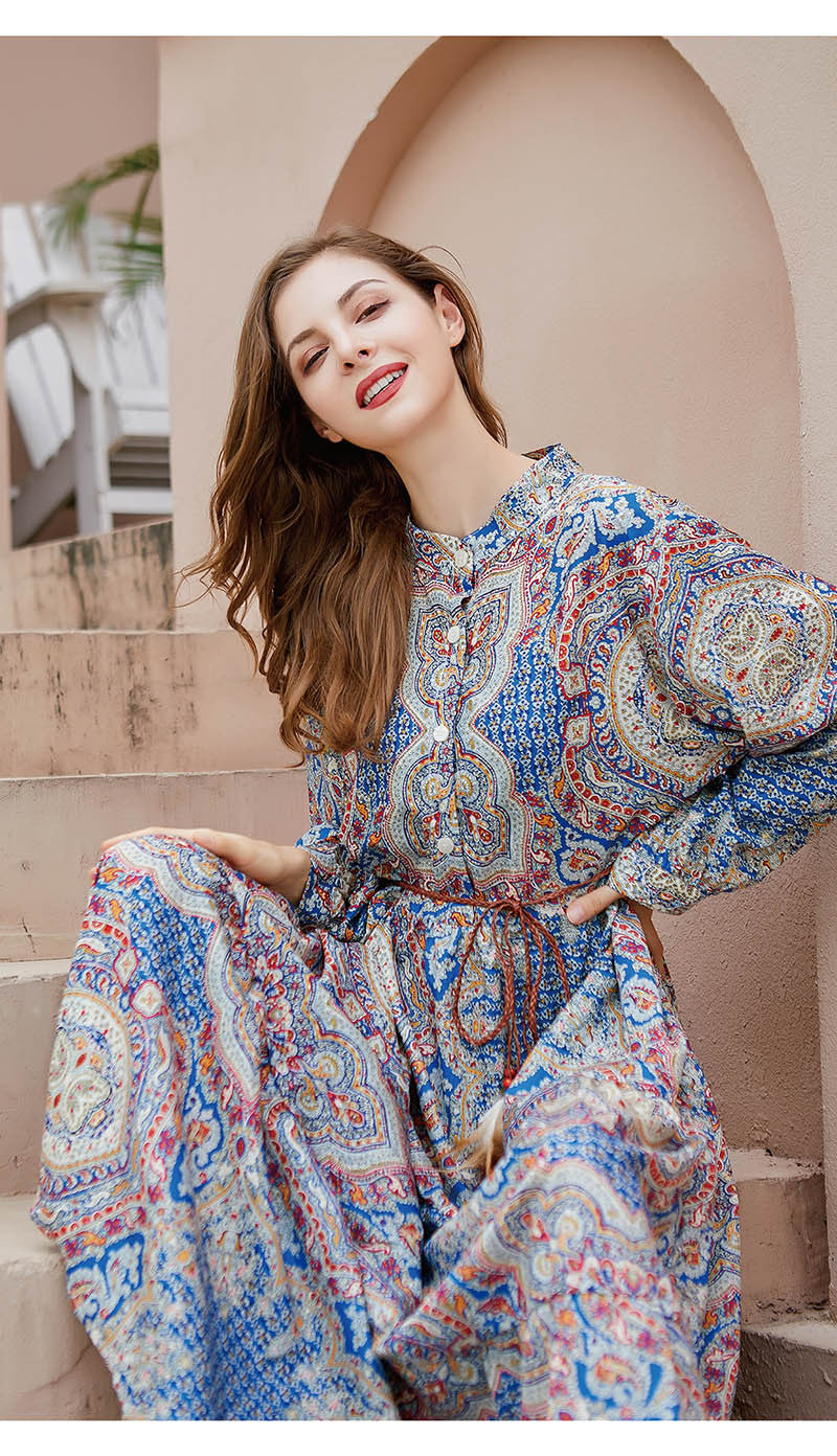 Bohemian Plus Sizes Floral Print Long Maxi Dresses-Dresses-Blue-XL-Free Shipping Leatheretro