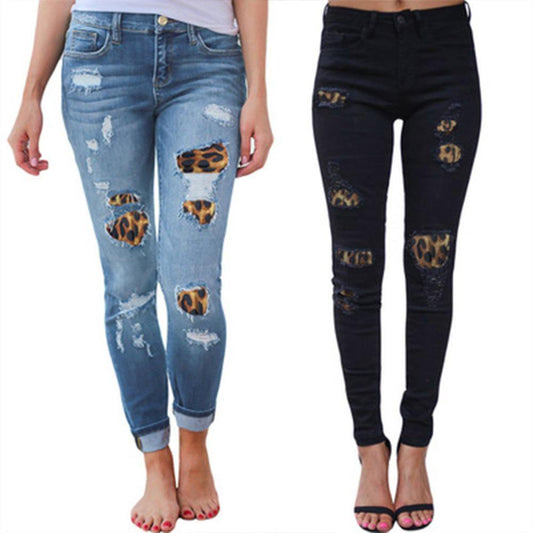 Hot Selling Leopard Sheath Jean Pants-Women Bottoms-Black-S-Free Shipping Leatheretro