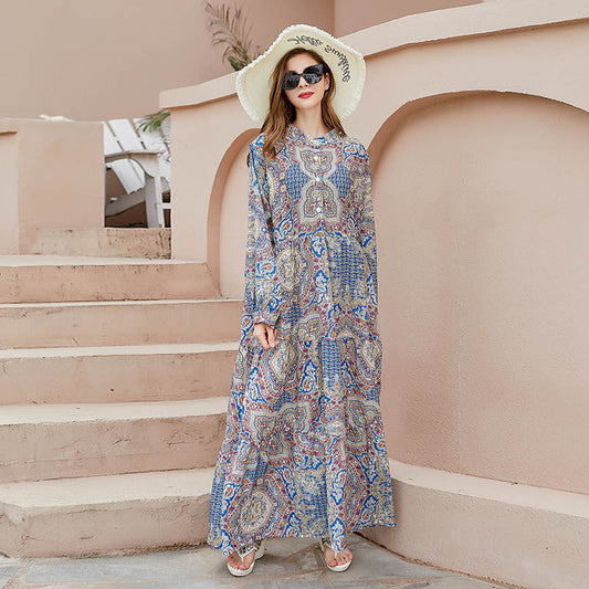 Bohemian Plus Sizes Floral Print Long Maxi Dresses-Dresses-Blue-XL-Free Shipping Leatheretro