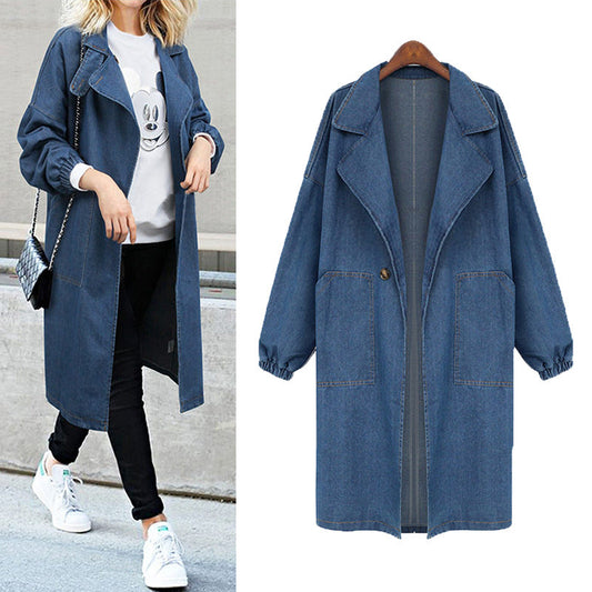 Plus Sizes Loose Long Denim Coats for Women-Coats & Jackets-Blue-XL-Free Shipping Leatheretro