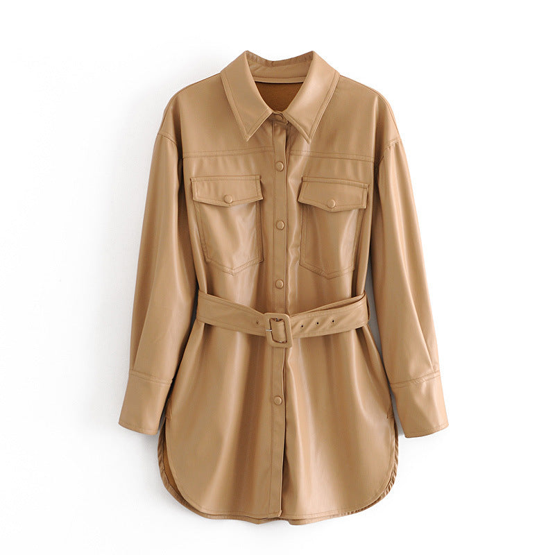 Fashion Casual Pu Leather Jackets Coat with Belt-Coats & Jackets-Khaki-XS-Free Shipping Leatheretro