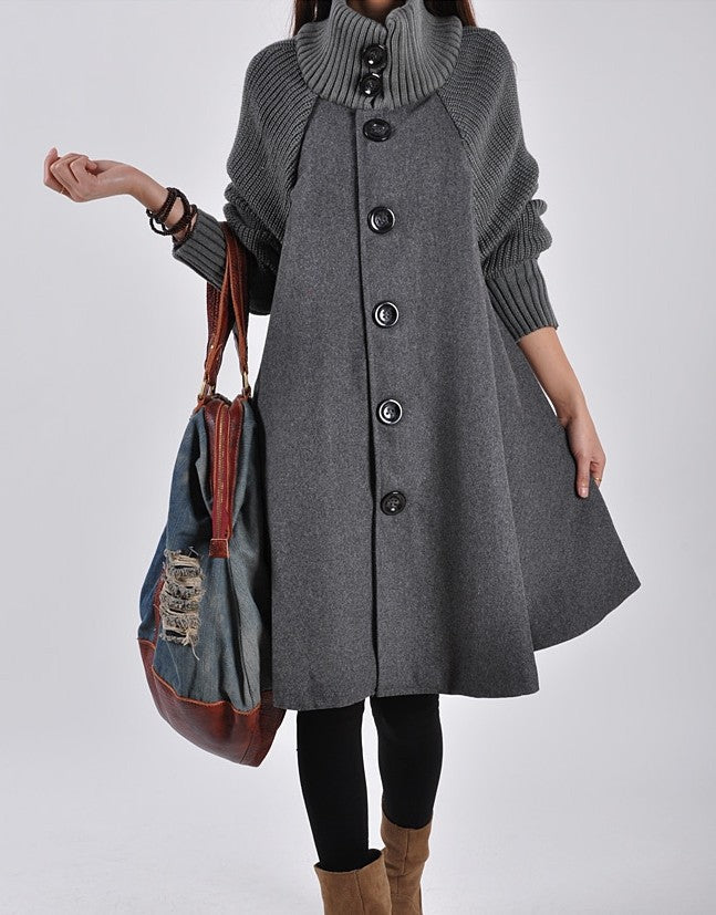 Women Plus Sizes High Neck Cape Overcoat-Outerwear-Gray-M-Free Shipping Leatheretro