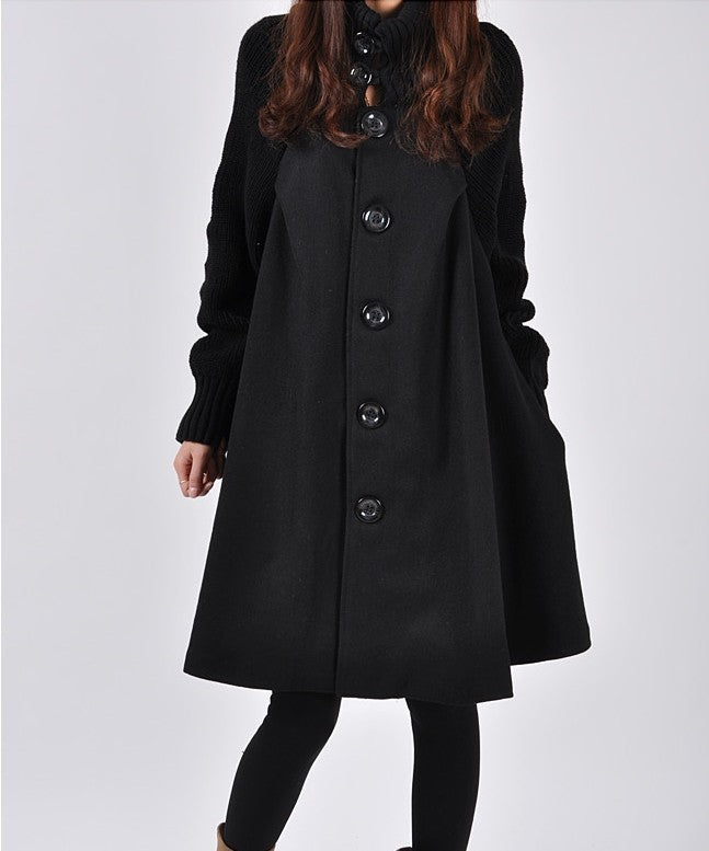 Women Plus Sizes High Neck Cape Overcoat-Outerwear-Black-M-Free Shipping Leatheretro