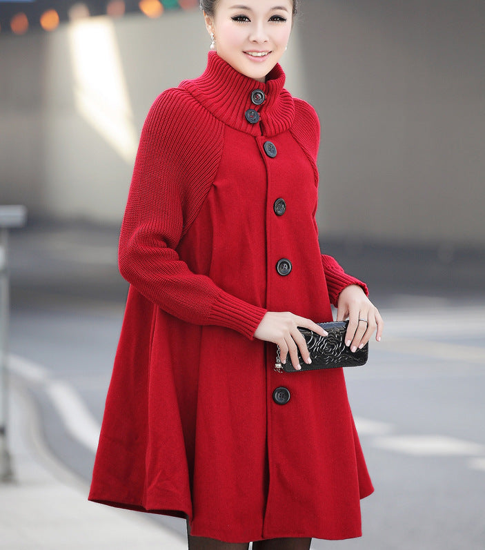 Women Plus Sizes High Neck Cape Overcoat-Outerwear-Red-M-Free Shipping Leatheretro