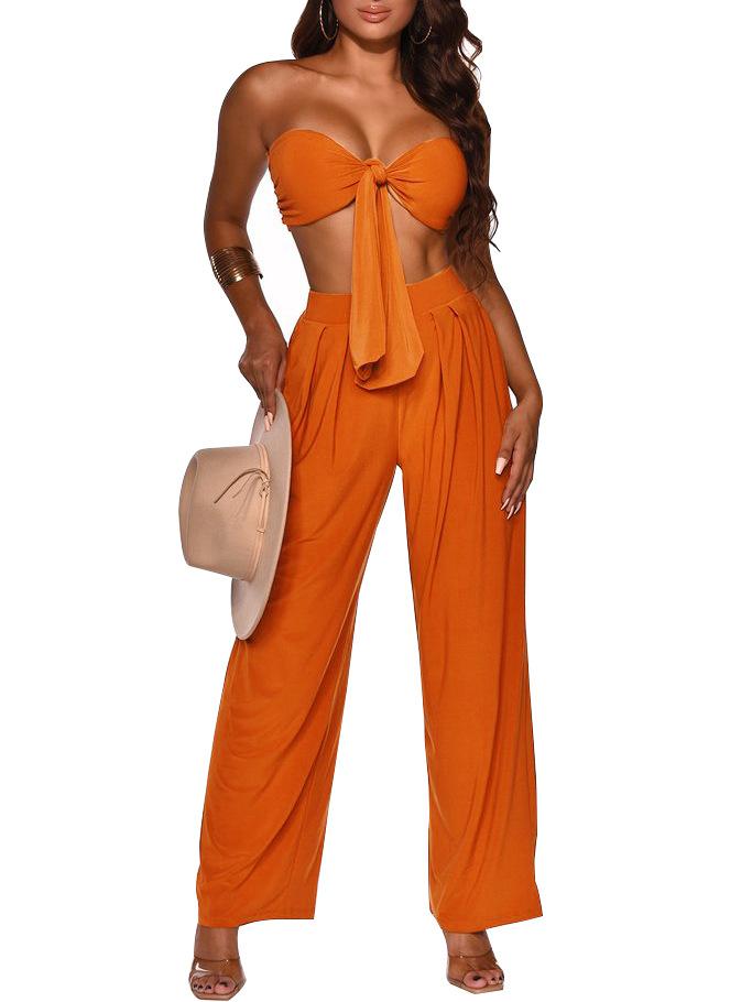 Sexy Women Strapless Tops+loose Pants Suits-Two Pieces Suits-Orange-S-Free Shipping Leatheretro