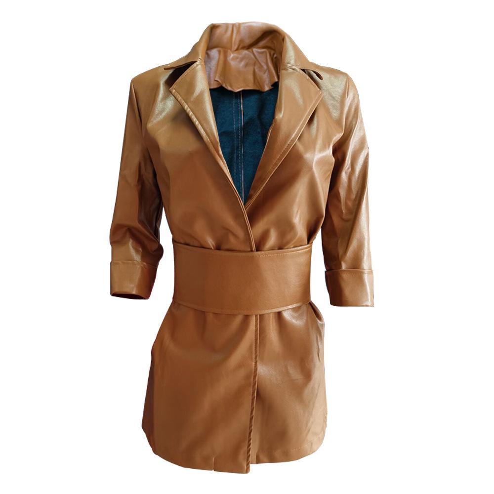 Women Long Sleeves Blazer Mini PU Dresses with Belt-Sexy Dresses-Brown-S-Free Shipping Leatheretro