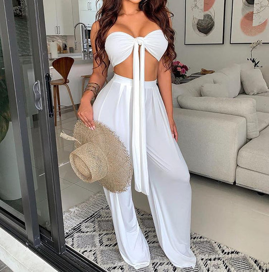 Sexy Women Strapless Tops+loose Pants Suits-Two Pieces Suits-White-S-Free Shipping Leatheretro