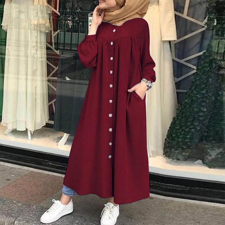 Women Leisure Long Sleeves Shirt Dresses-Maxi Dresses-Wine Red-S-Free Shipping Leatheretro