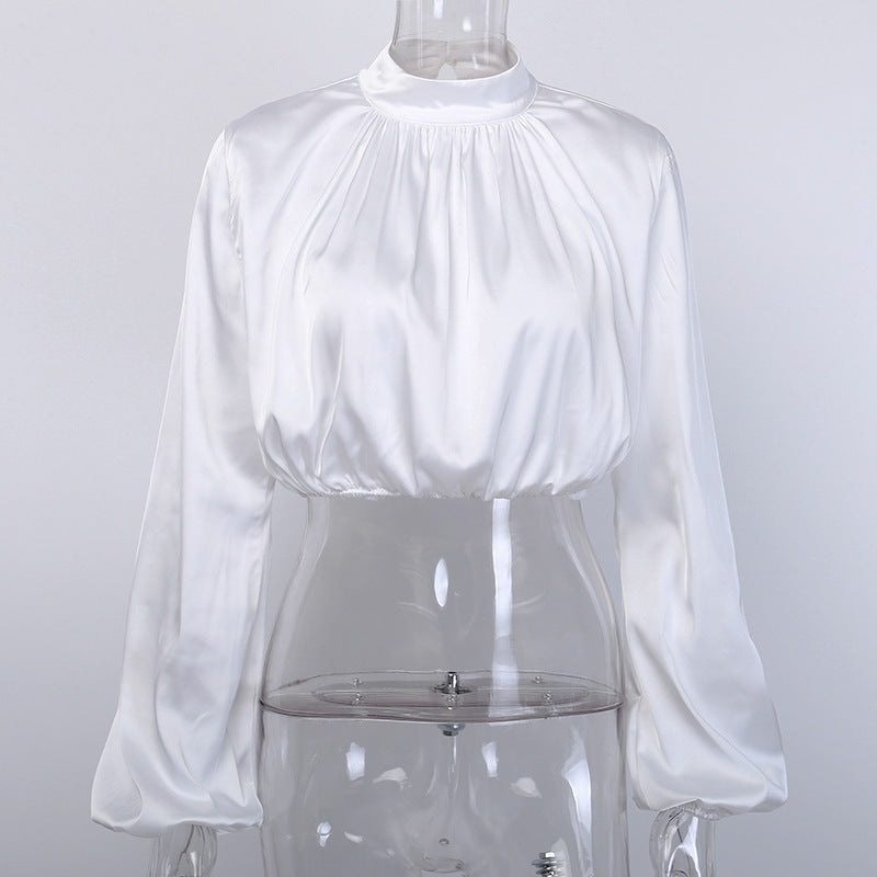 Casual High Neck Women Puff Sleeves Tops-Shirts & Tops-White Top-S-Free Shipping Leatheretro