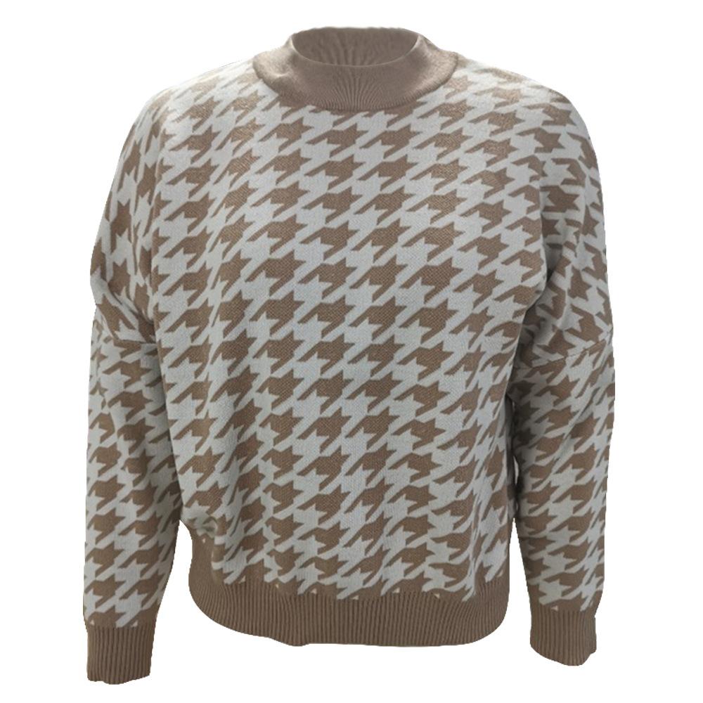 Vintage Women Plaid Knitting Hoody Sweaters-Shirts & Tops-Khaki-S-Free Shipping Leatheretro