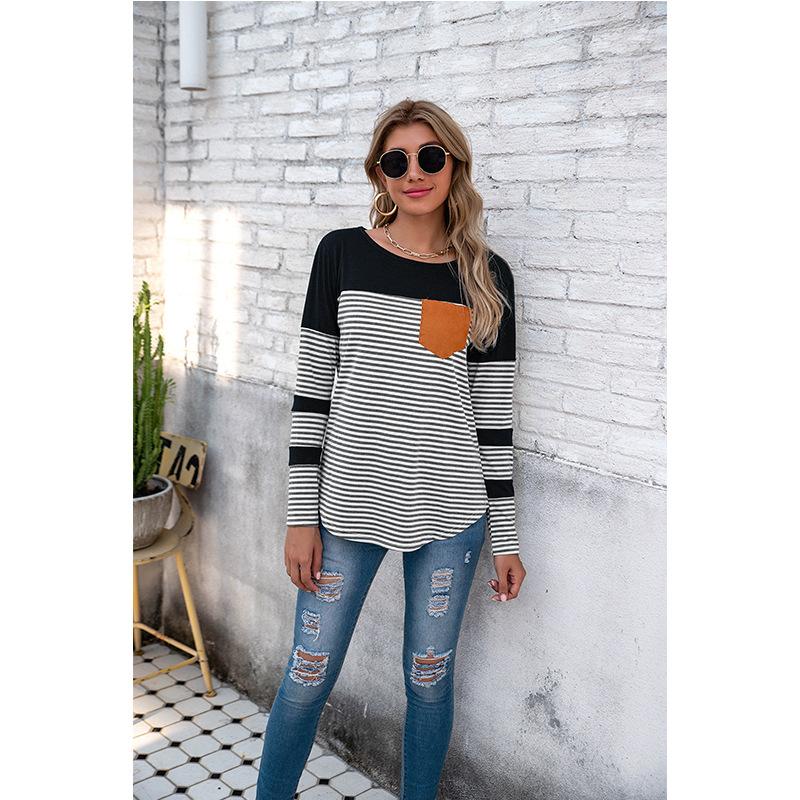 Women Striped Long Sleeves T Shirts-Women Sweaters-Black-S-Free Shipping Leatheretro