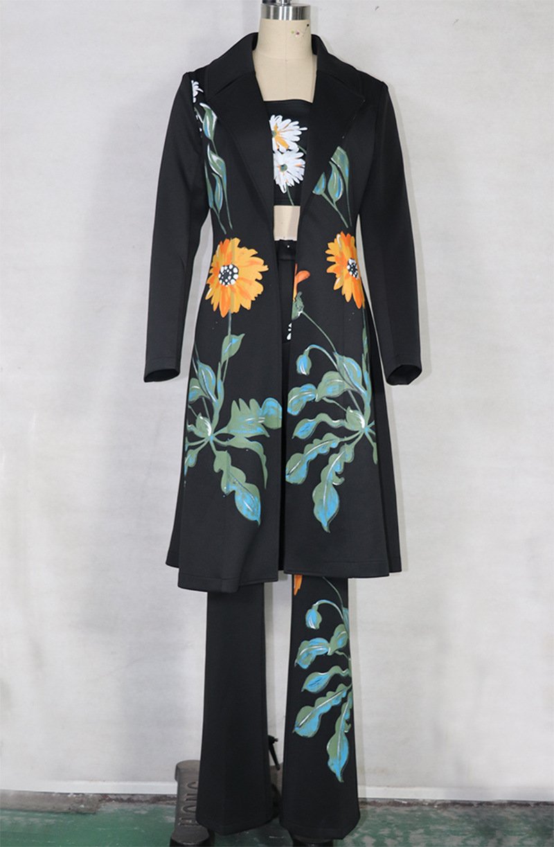 Classy Daisy Print Trenchcoat and Pants Suits-Two Pieces Suits-Black-S-Free Shipping Leatheretro