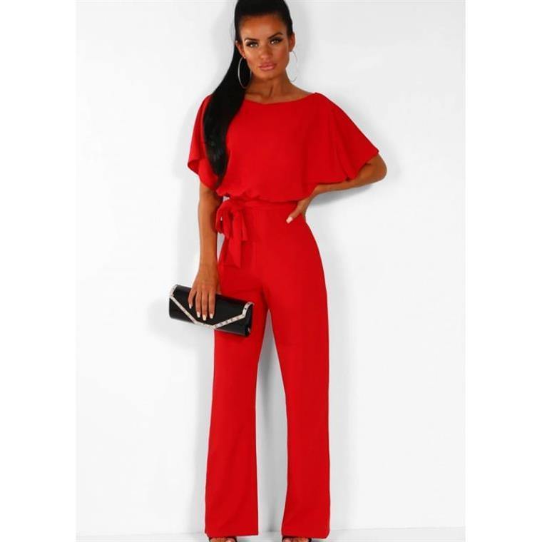 Women Summer Belt Short Sleeves Summer Jumpsuits-One Piece Suits-Red-S-Free Shipping Leatheretro