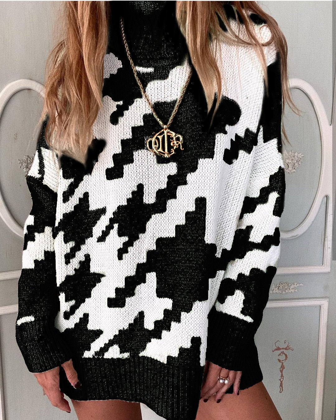 Casual Knitting Plaid Women Hoody Sweaters-Women Sweaters-Black-S-Free Shipping Leatheretro