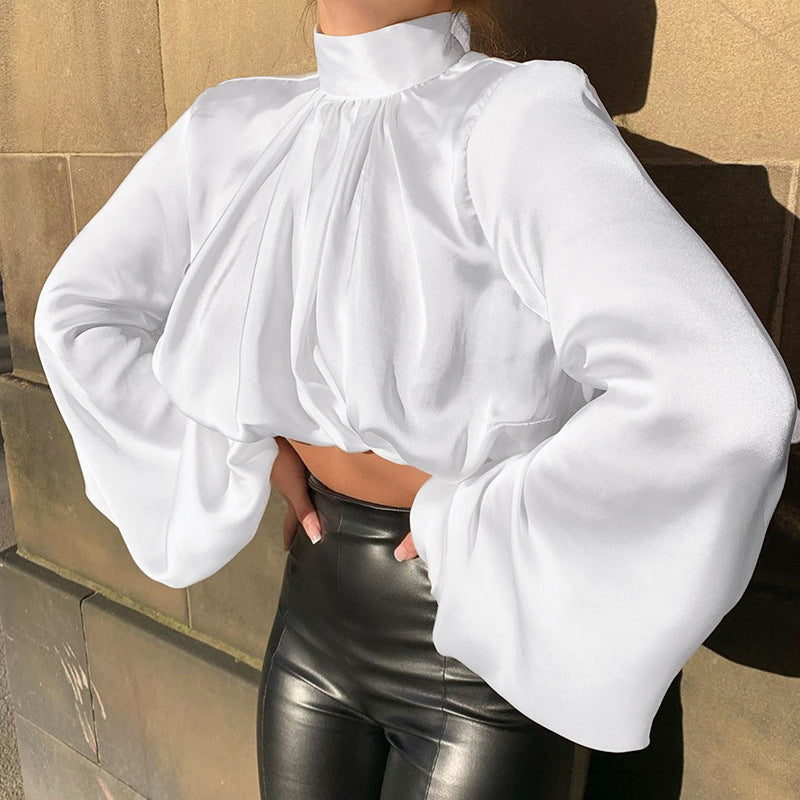 Casual High Neck Women Puff Sleeves Tops-Shirts & Tops-Black Top-S-Free Shipping Leatheretro
