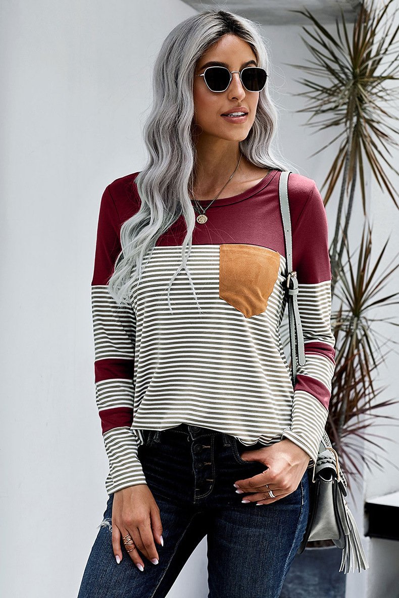 Women Striped Long Sleeves T Shirts-Women Sweaters-Red-S-Free Shipping Leatheretro