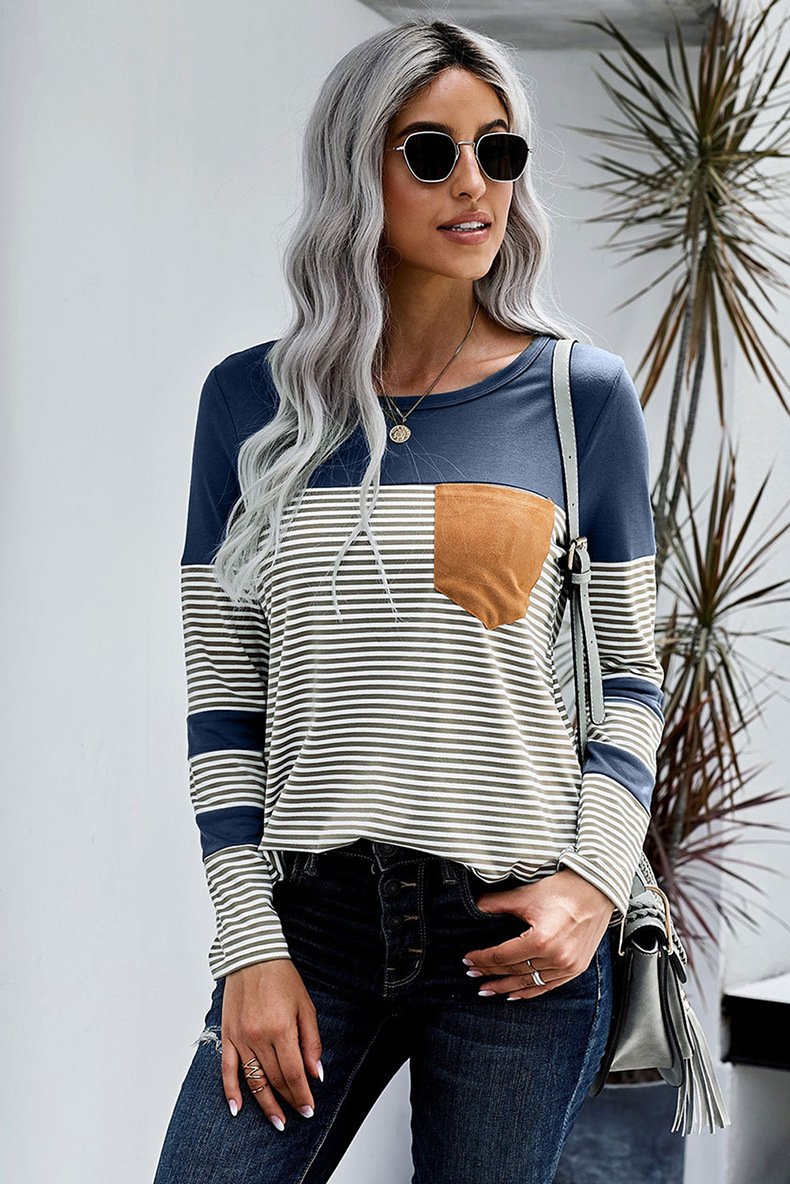 Women Striped Long Sleeves T Shirts-Women Sweaters-Blue-S-Free Shipping Leatheretro