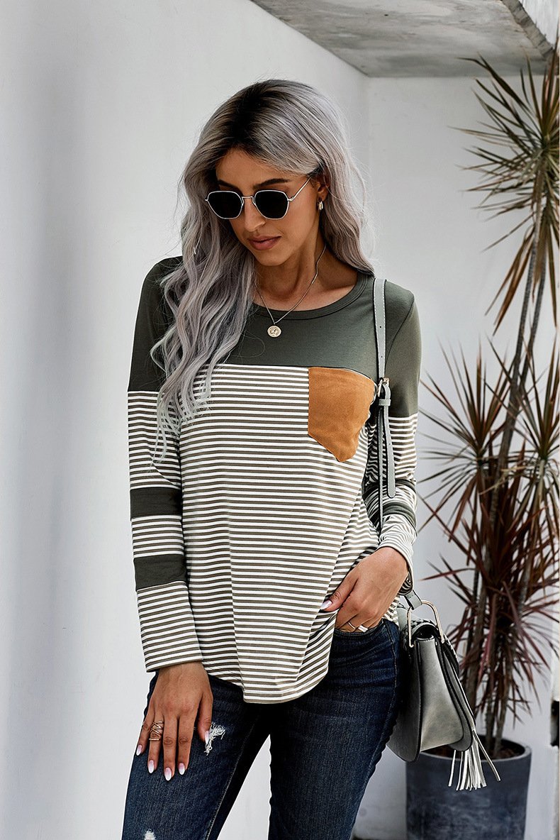 Women Striped Long Sleeves T Shirts-Women Sweaters-Green-S-Free Shipping Leatheretro