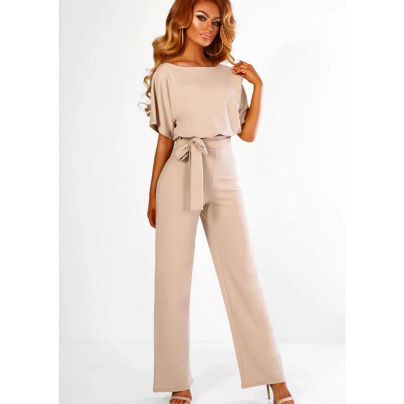 Women Summer Belt Short Sleeves Summer Jumpsuits-One Piece Suits-Apricot-S-Free Shipping Leatheretro