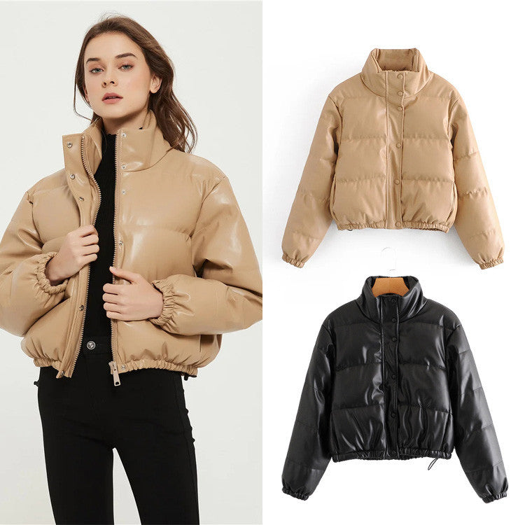 Casual Pu Leather High Neck Women Cotton Jacket Overcoat-Outerwear-Khaki-XS-Free Shipping Leatheretro