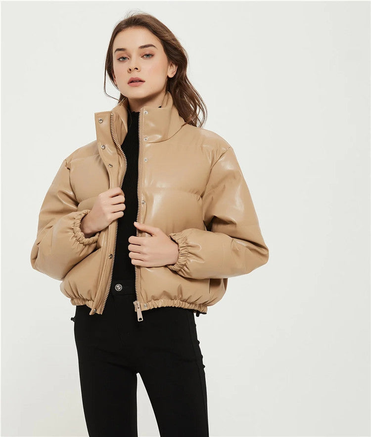 Casual Pu Leather High Neck Women Cotton Jacket Overcoat-Outerwear-Khaki-XS-Free Shipping Leatheretro