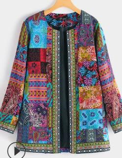 Vintage Cotton Linen Print Plus Size Women Cardigan Coat-women coats-Blue-1-L-Free Shipping Leatheretro