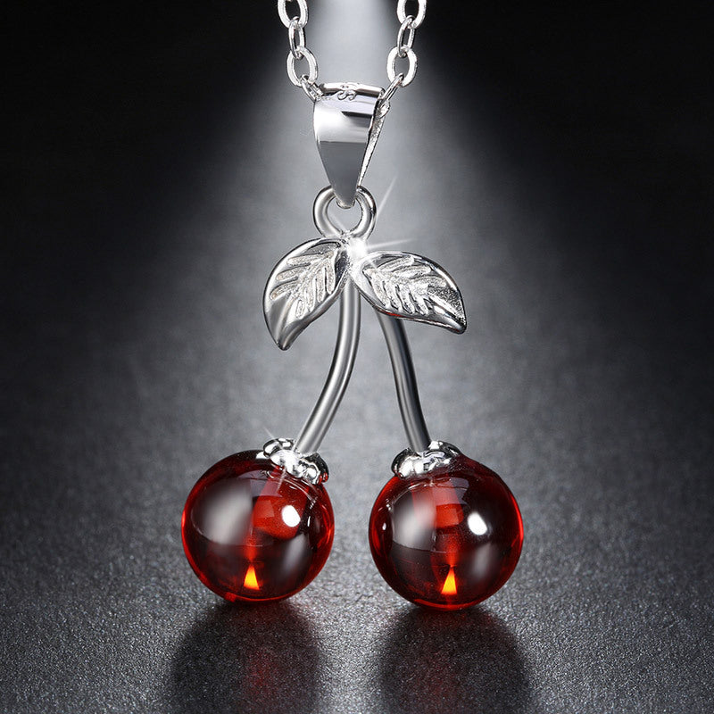 Agate Cherry Design Sterling Sliver Necklace-Necklaces-The same as picture-Free Shipping Leatheretro