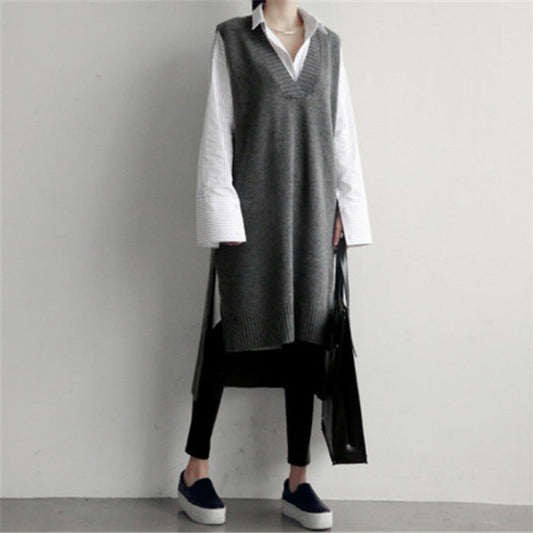 Casual Knitted V Neck Long Vest Dresses for Women-Dresses-Gray-One Size-Free Shipping Leatheretro