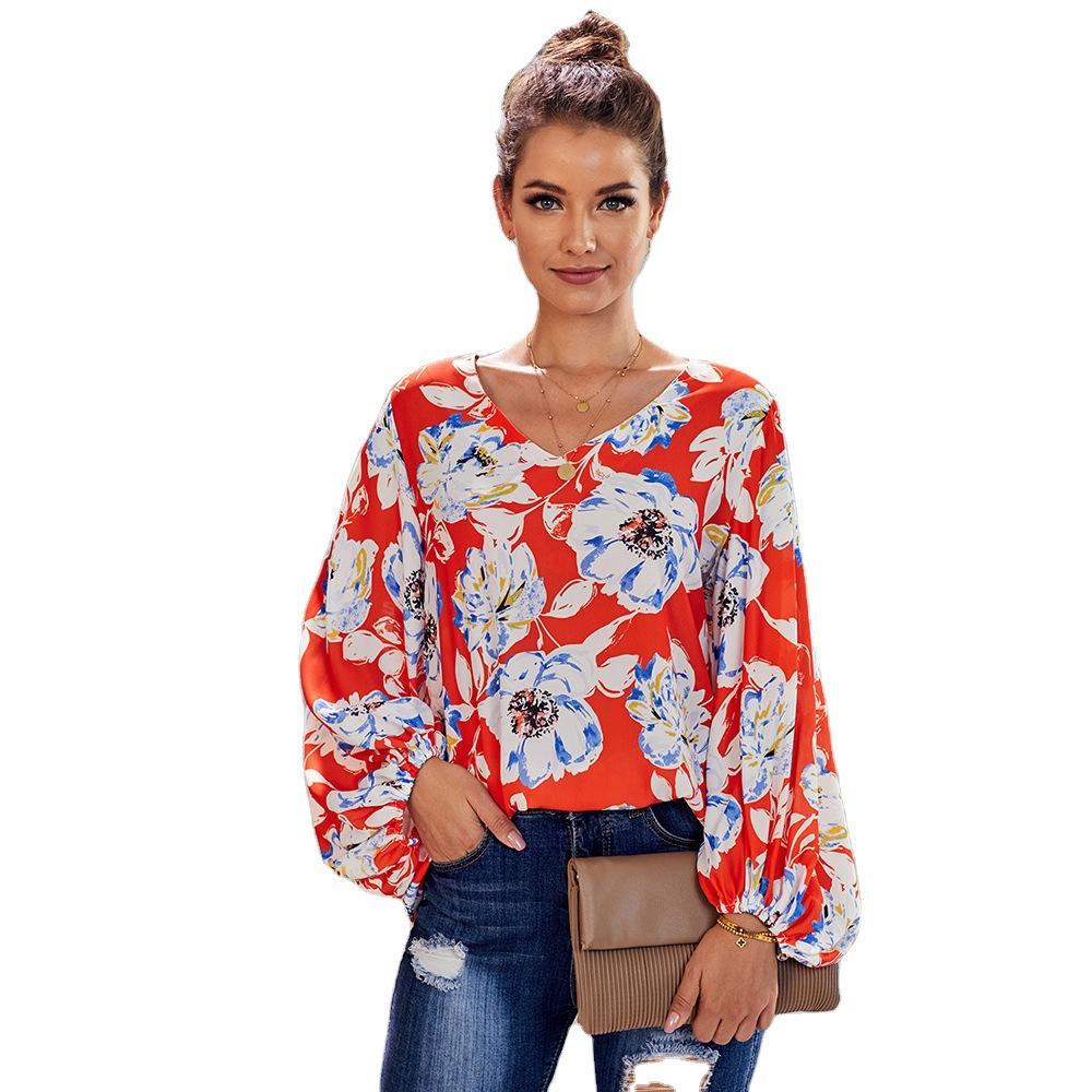 Women Floral Print Top Shirts Blouses-Blouses-Red-S-Free Shipping Leatheretro