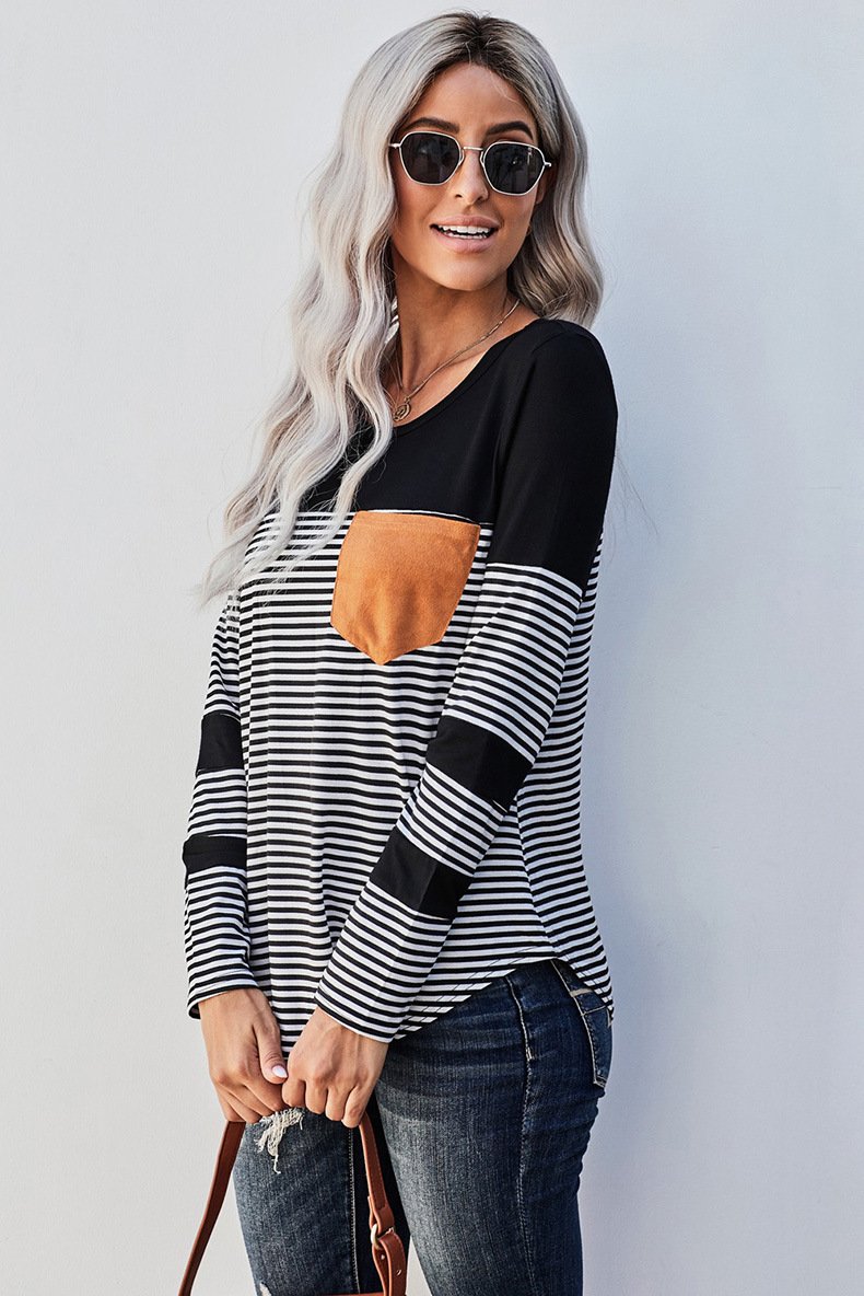 Women Striped Long Sleeves T Shirts-Women Sweaters-Black-S-Free Shipping Leatheretro