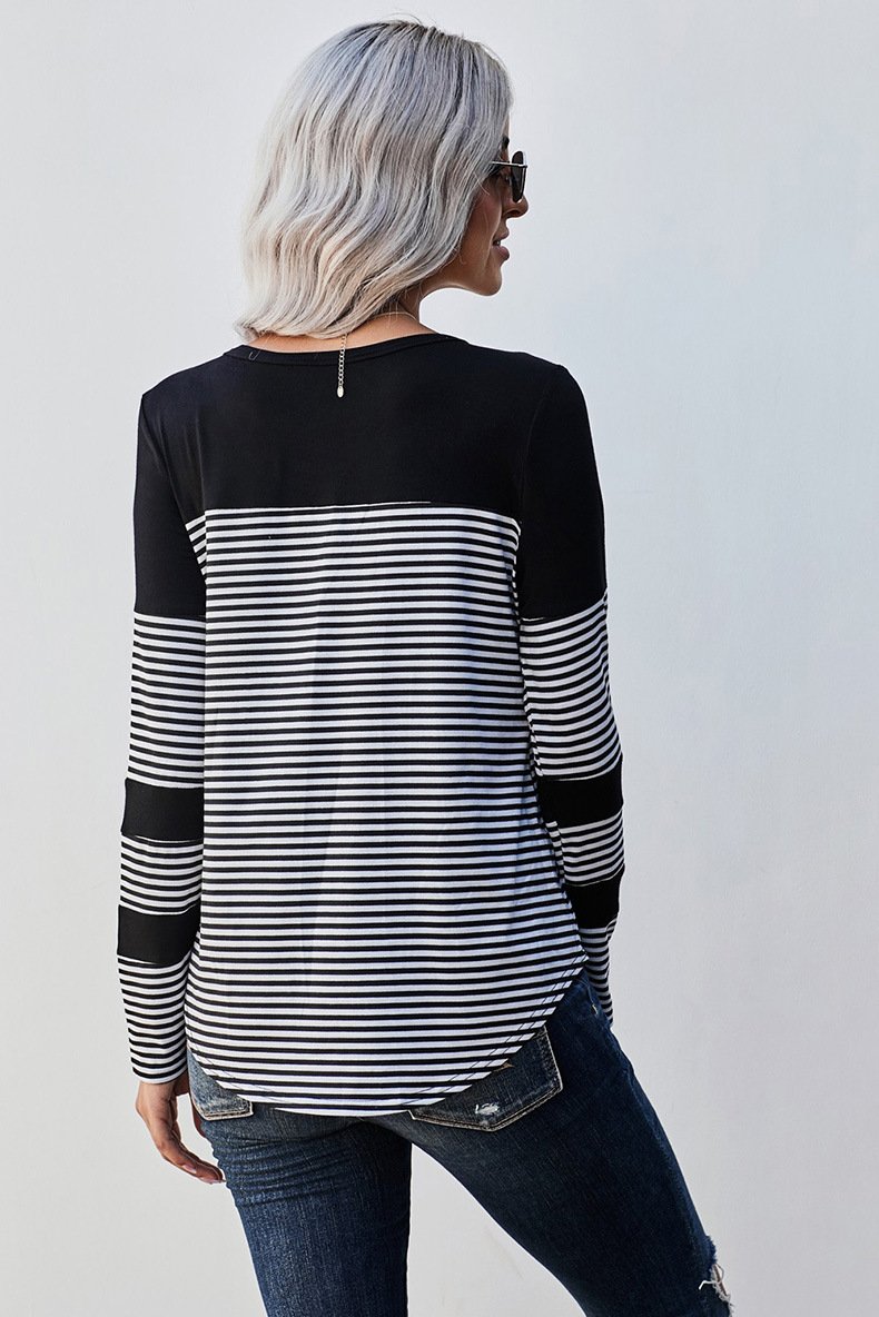 Women Striped Long Sleeves T Shirts-Women Sweaters-Black-S-Free Shipping Leatheretro