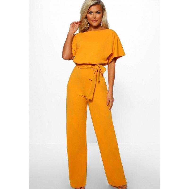 Women Summer Belt Short Sleeves Summer Jumpsuits-One Piece Suits-Yellow-S-Free Shipping Leatheretro