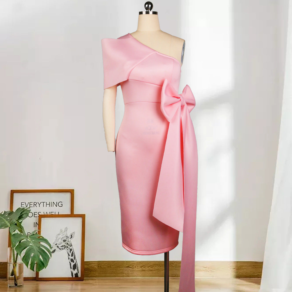 Sexy One Shoulder Bowknot Sheath Party Dresses-Dresses-Pink-S-Free Shipping Leatheretro